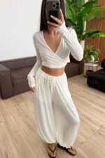 Vena Bağlamalı Crop Şalvar Pantolon Takım Ekru - Görsel 2