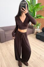 Vena Bağlamalı Crop Şalvar Pantolon Takım Kahverengi - Görsel 2