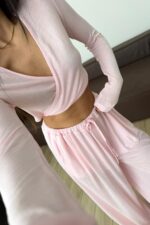 Vena Bağlamalı Crop Şalvar Pantolon Takım Pembe - Görsel 3