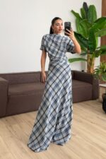 Petunya Ekoseli Crop Etek Takım Mavi