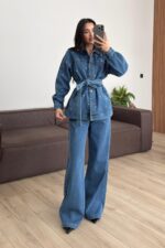Zımbalı Denim Gömlek Pantolon Takım Mavi