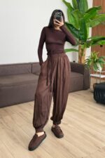 Paçası Düğmeli Saten Şalvar Pantolon Kahverengi