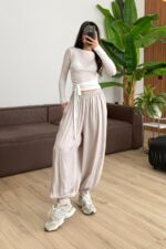 Paçası Düğmeli Saten Şalvar Pantolon Taş