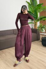 Paçası Düğmeli Saten Şalvar Pantolon Mürdüm