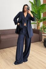 Çizgili Üçlü Takım Lacivert