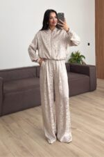 Desenli Fermuarlı Hırka Pantolon Takım Vizon