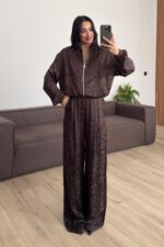 Desenli Fermuarlı Hırka Pantolon Takım Kahverengi