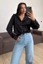 V Yaka Saten Gömlek Siyah