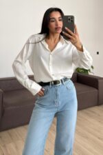 V Yaka Saten Gömlek Ekru