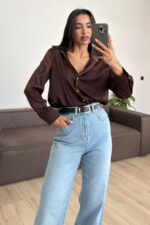 V Yaka Saten Gömlek Kahverengi