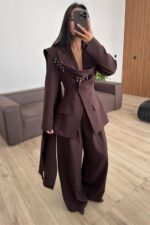 Aksesuar Şallı Ceket Pantolon Takım Kahverengi - Görsel 3