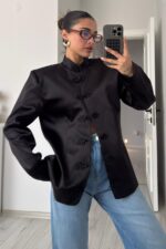 Saten Vatkalı Mandarin Ceket Siyah