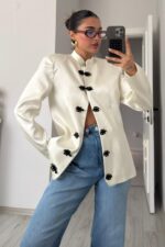 Saten Vatkalı Mandarin Ceket Ekru