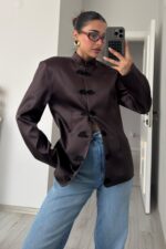 Saten Vatkalı Mandarin Ceket Kahverengi