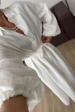 Balon Kol Uzun Gömlek Elbise Beyaz - Görsel 3