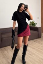 Cha Mini Süet Etek Bordo