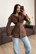 Omzu Fırfırlı Çizgili Gömlek Kahverengi