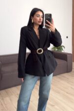 Süet Kemerli Keten Ceket Siyah