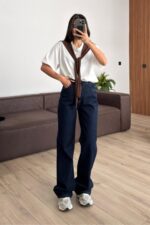Beli Bağlamalı Wide Leg Lacivert Jean