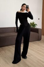 Apoline Üçgen Kesim Crop Pantolon Takım Siyah