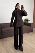 Dikişli Çımalı Pantolon Denim Takım Kahverengi