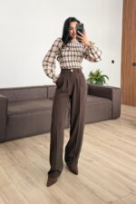 Bou Pileli Palazzo Pantolon Kahverengi