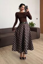 Puantiyeli Midi Boy Etek Kahverengi