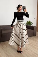 Puantiyeli Midi Boy Etek Krem