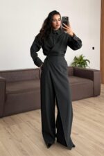 Önü Çapraz Detaylı Gömlek Pantolon Takım Antrasit