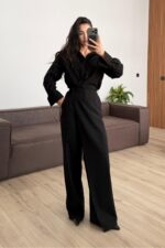 Önü Çapraz Detaylı Gömlek Pantolon Takım Siyah