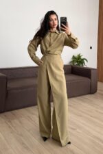 Önü Çapraz Detaylı Gömlek Pantolon Takım Çağla