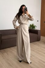 Önü Çapraz Detaylı Gömlek Pantolon Takım Bej