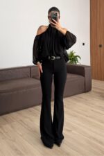 Beli Kemerli İspanyol Paça Pantolon Siyah