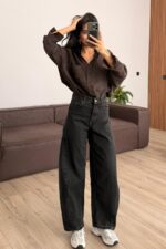 Verev Dikişli Baggy Koyu Antrasit Jean