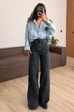 Çizgili İspanyol Paça Lacivert Jean