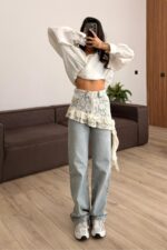 Beli Çiçek Dantelli Wide Leg Açık Mavi Jean - Görsel 2