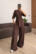 Beli Kuşak Bağlamalı Modal Takım Kahverengi