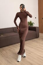 Parmak Geçirmeli Soft Touch Elbise Kahverengi