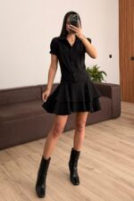 Eteği Fırfırlı Gömlek Elbise Siyah