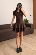 Eteği Fırfırlı Gömlek Elbise Kahverengi