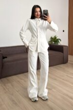 Belden Oturtmalı Gizli Düğmeli Pantolon Takım Ekru