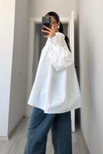 Oversize Balon Kol Gömlek Beyaz - Görsel 4