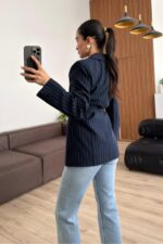 Çizgili Blazer Ceket Lacivert - Görsel 4