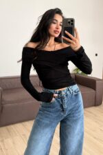 Çapraz Detaylı Kayık Yaka Bluz Siyah