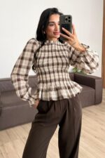 Balon Kol Lastikli Ekose Bluz Kahverengi