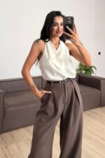 Degaje Yaka Saten Bluz Beyaz