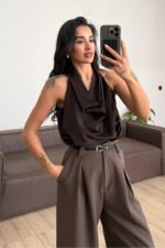 Degaje Yaka Saten Bluz Kahverengi