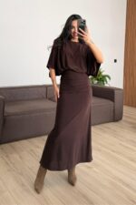 Yarasa Kol Beli Drapeli Elbise Acı Kahve