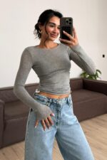 Dp Kayık Yaka Transparan Bluz Gri