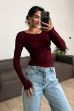 Dp Kayık Yaka Transparan Bluz Bordo